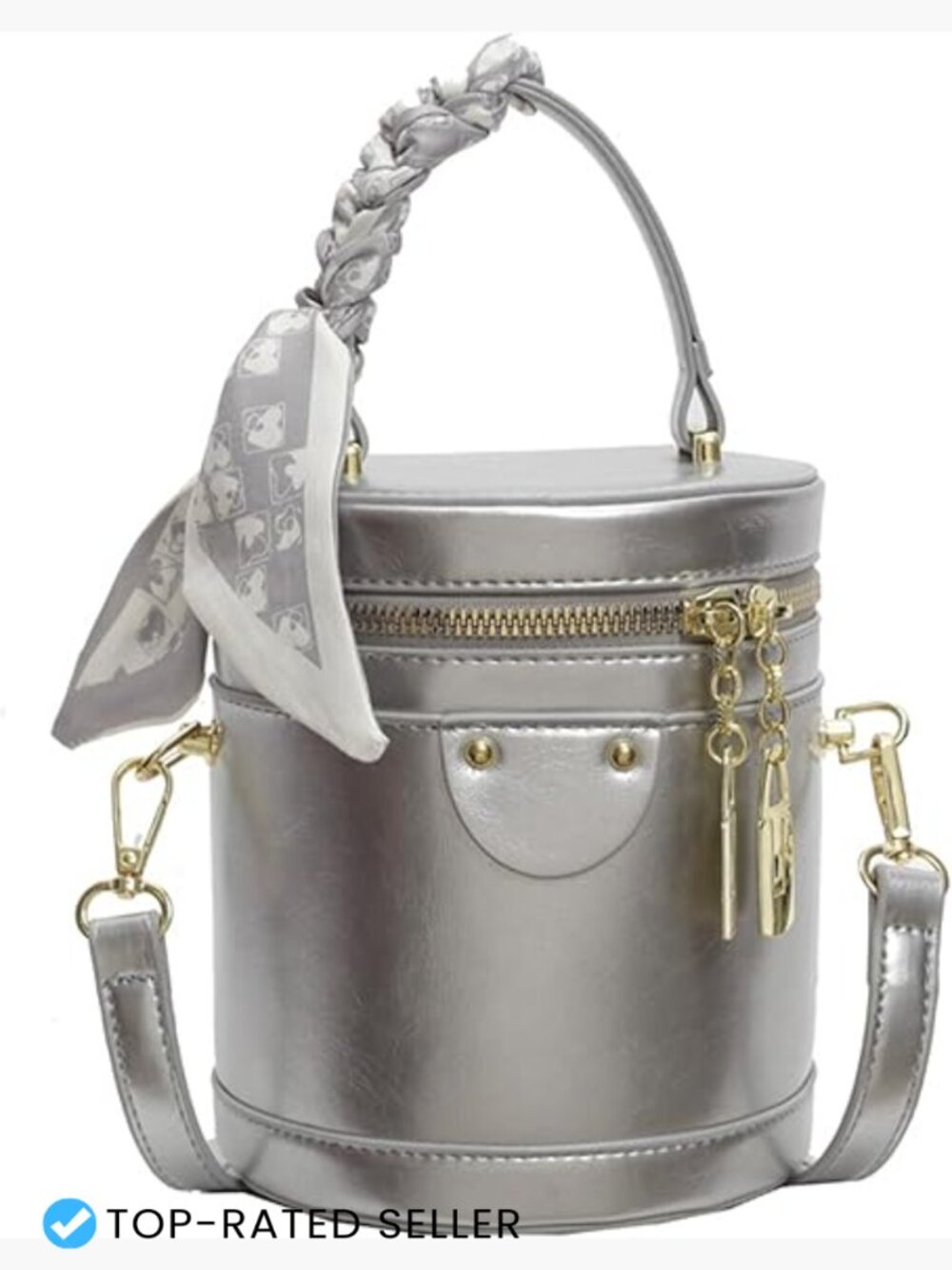 Mini Bucket Crossbody Bag Vegan Leather Gold Accents Zip Closure Adjustable - Picture 1 of 7